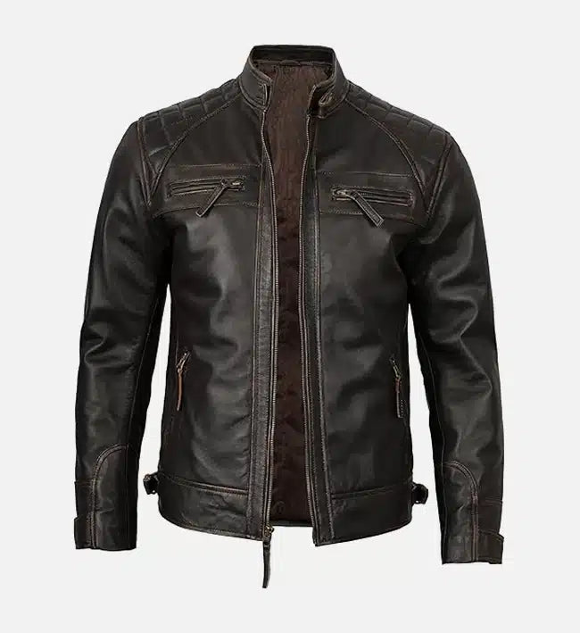 distressed brown cafe racer leather jacket for men