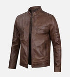 distressed coffee brown cafe racer leather jacket for men
