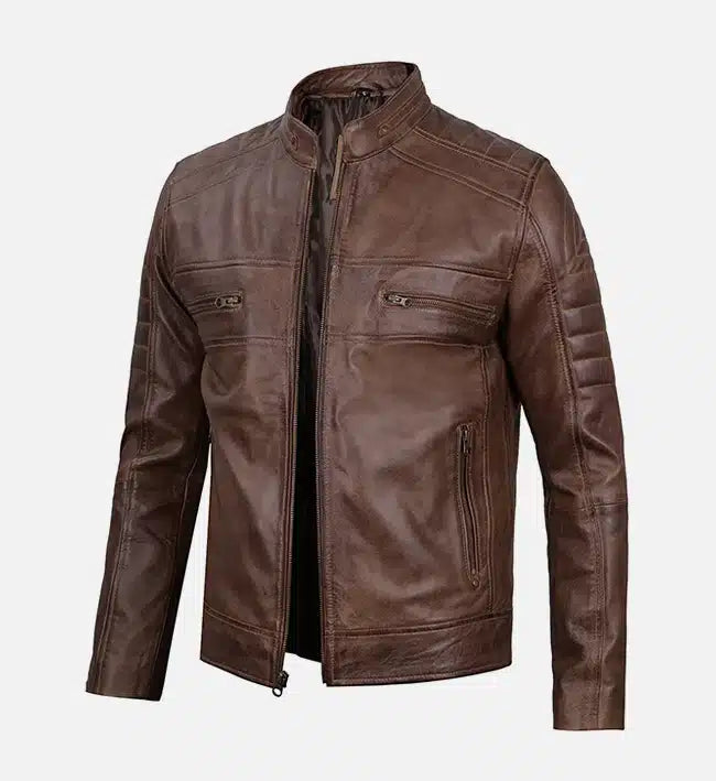 distressed coffee brown cafe racer leather jacket for men
