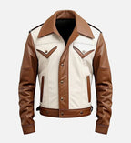 Men’s Brown & White Leather Trucker Jacket