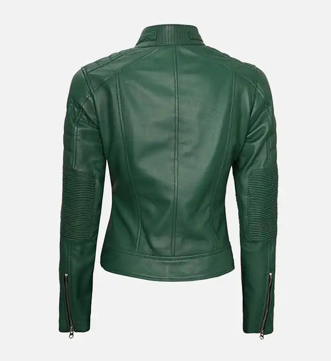 womens green leather cafe racer biker jacket
