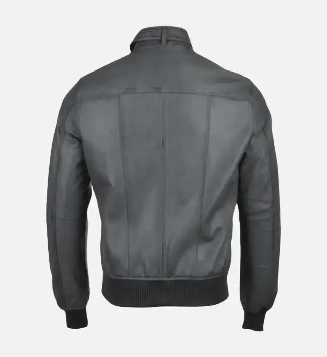 grey leather bomber jacket with snap double button collar for men
