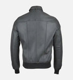 grey leather bomber jacket with snap double button collar for men
