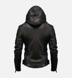 hooded black leather jacket for men