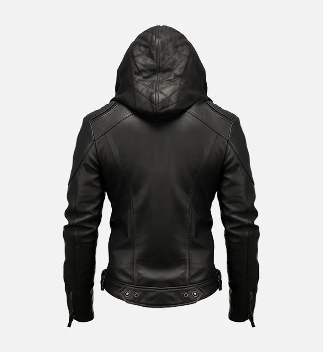 hooded black leather jacket for men