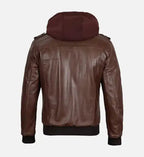 hooded dark brown leather jacket for men