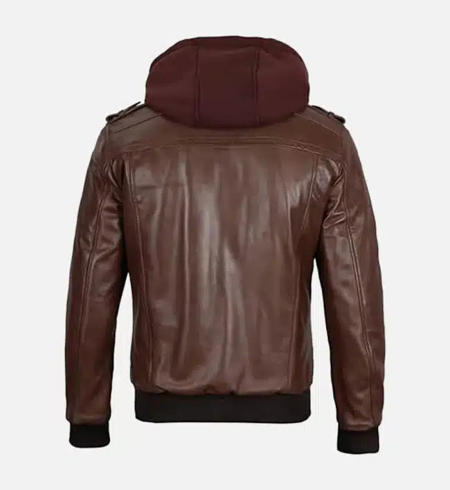 hooded dark brown leather jacket for men