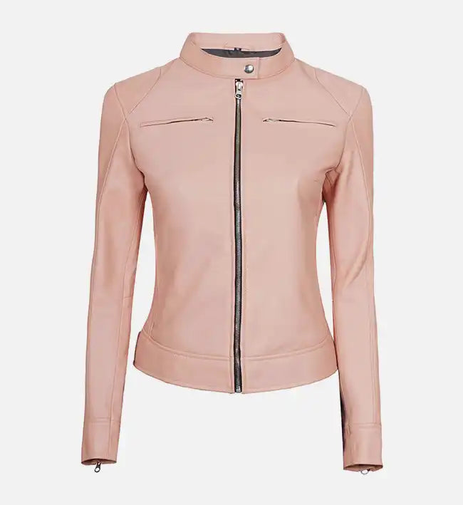 light pink womens motorcycle cafe racer leather jacket
