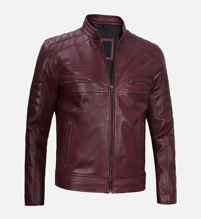 maroon cafe racer leather mens jacket