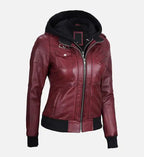 maroon hooded bomber leather jacket for women

