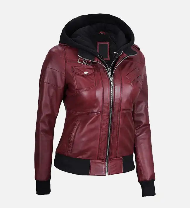 maroon hooded bomber leather jacket for women
