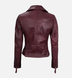 maroon leather asymmetrical biker jacket for womens
