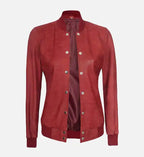 maroon leather bomber jacket with rib knit style for women

