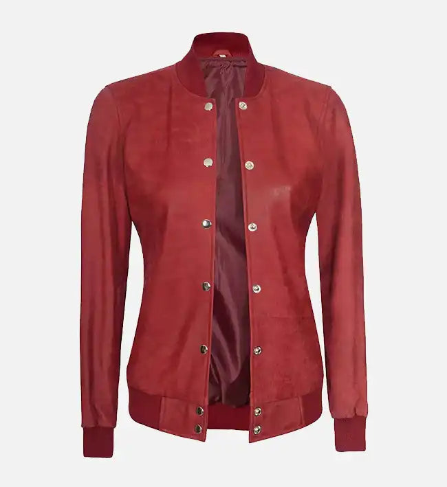 maroon leather bomber jacket with rib knit style for women
