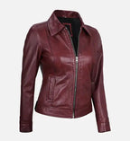 shirt collared maroon leather jacket for women

