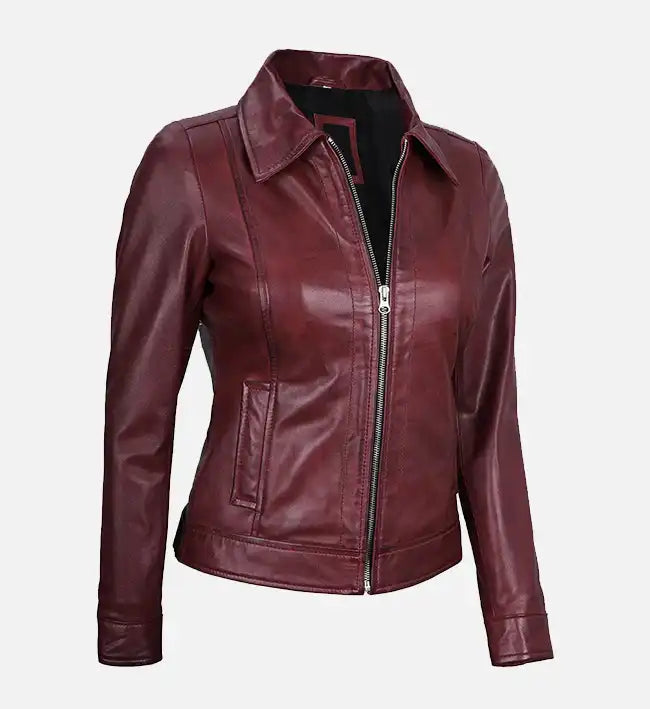 shirt collared maroon leather jacket for women
