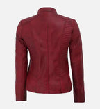 womens mandarin collar maroon leather biker jacket
