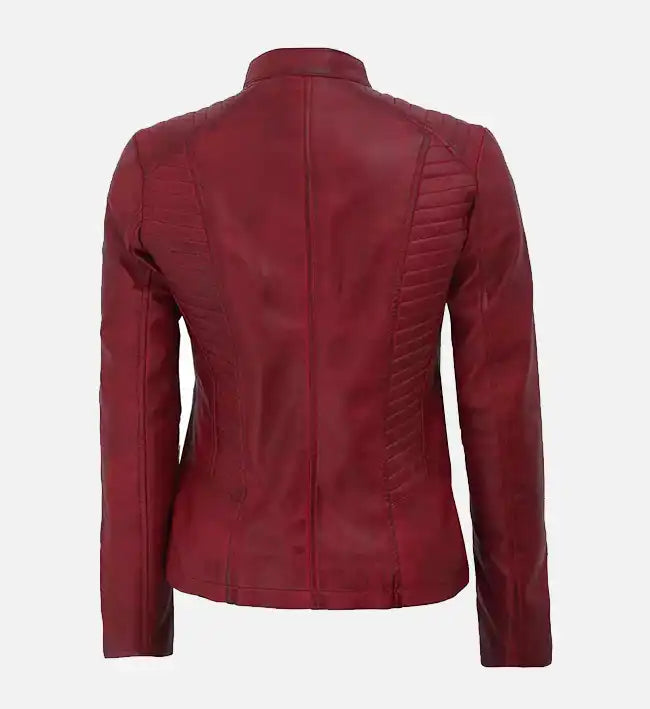 womens mandarin collar maroon leather biker jacket

