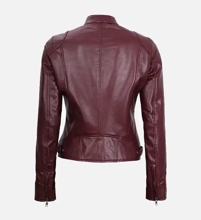 maroon moto leather jacket for women
