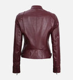 maroon moto leather jacket for women
