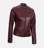 maroon moto leather jacket for women

