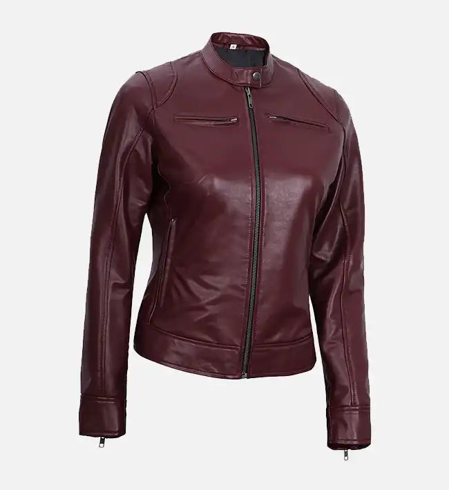 maroon moto leather jacket for women
