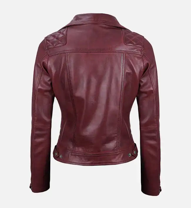 maroon quilted motorcycle leather jacket for womens
