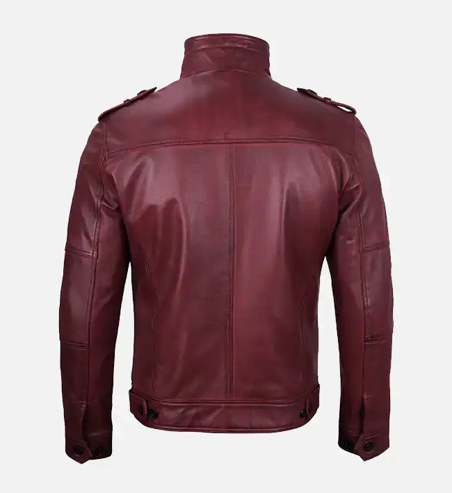 maroon waxed leather mens biker jacket