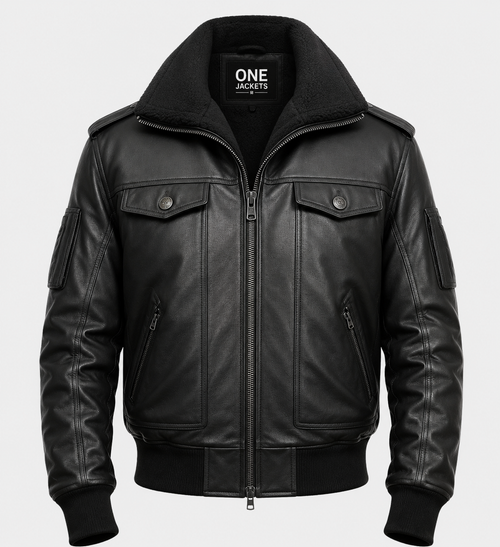 Men's Aviator Black Leather Bomber Jacket