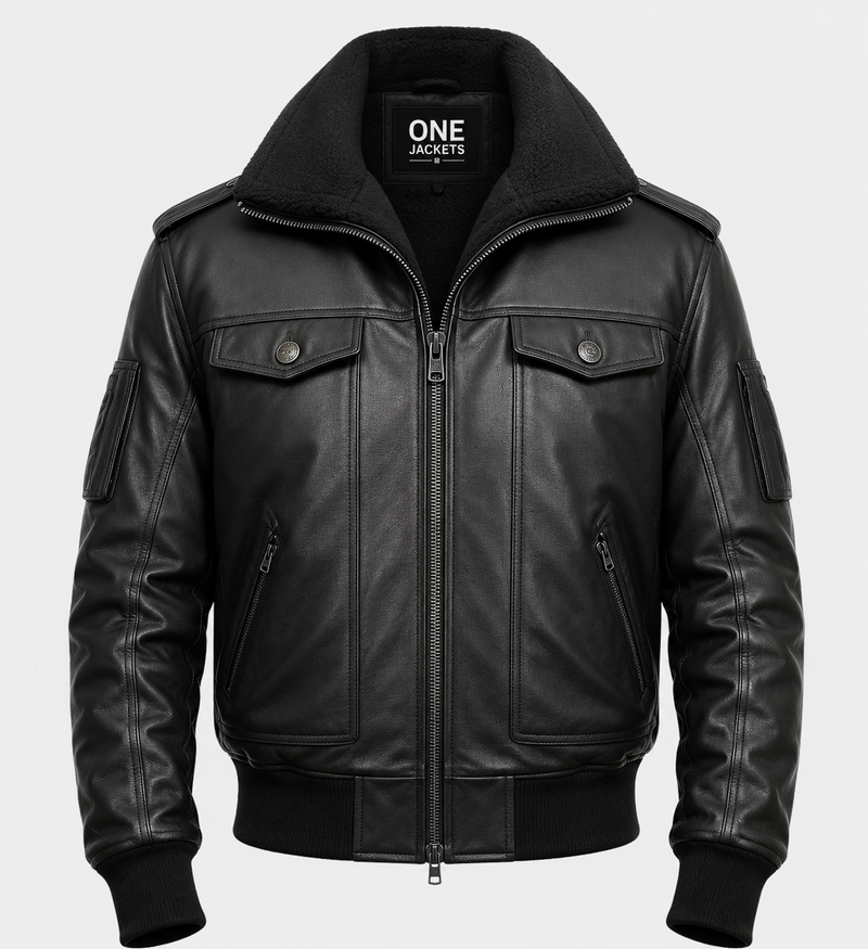Men's Aviator Black Leather Bomber Jacket