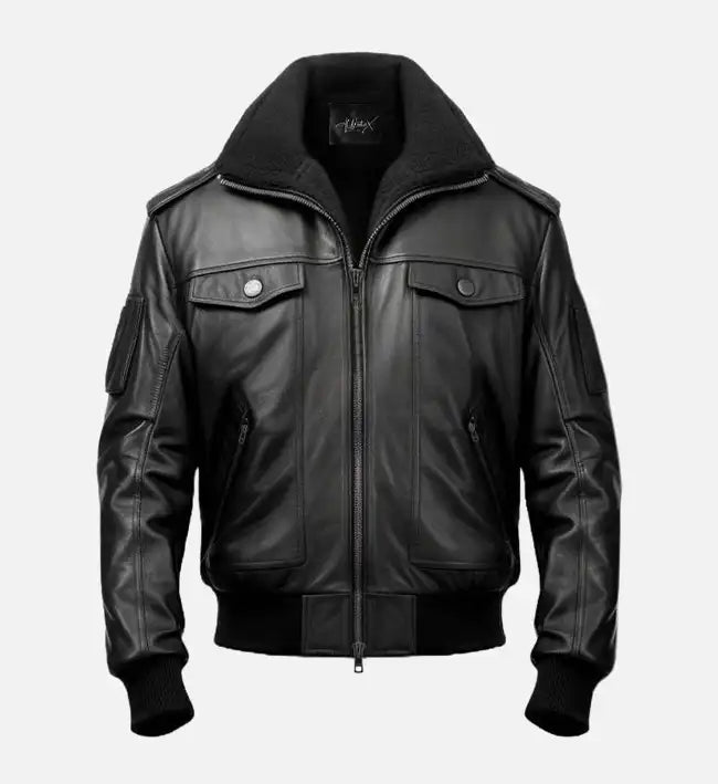 mens aviator black leather bomber jacket