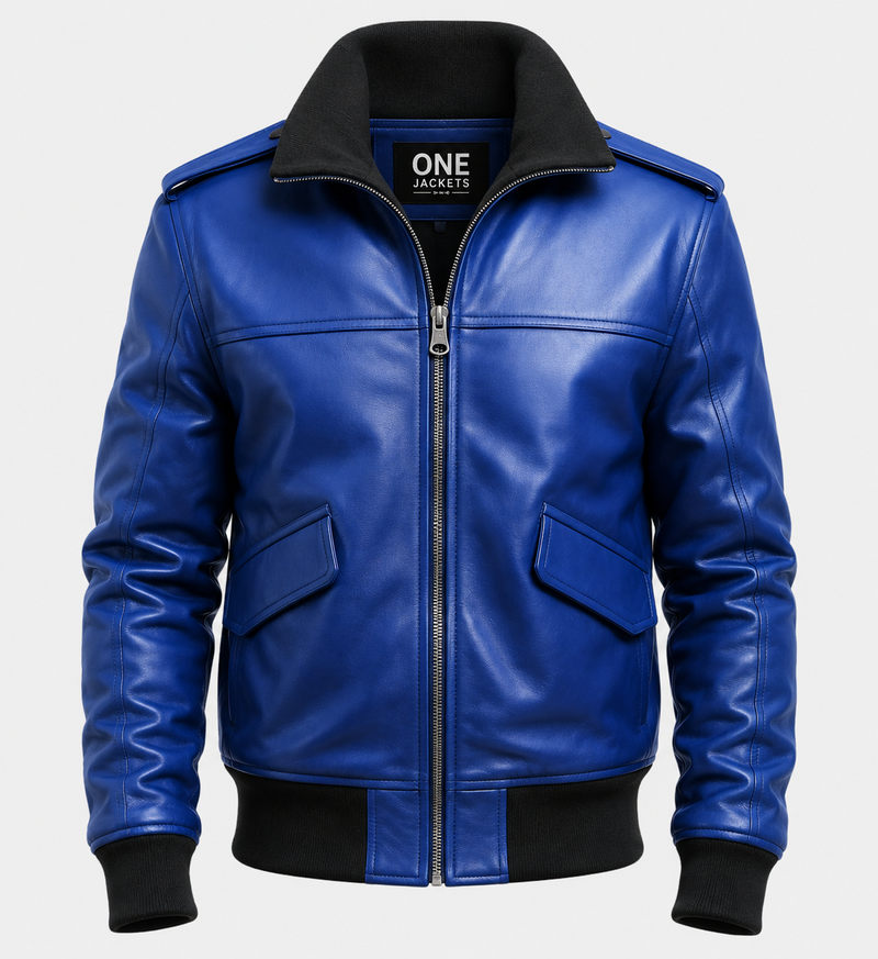Men's Aviator Blue Leather Bomber Jacket