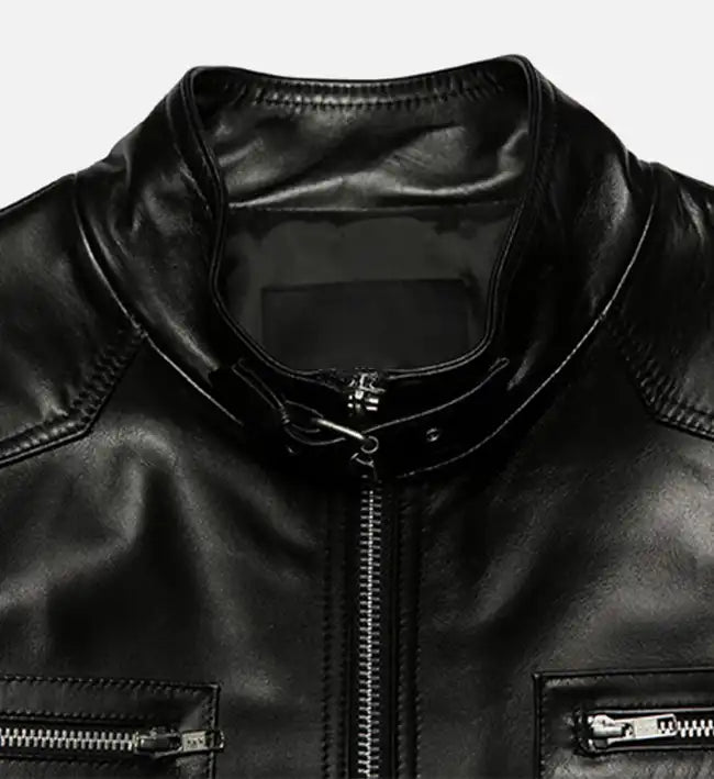 mens band collar biker leather jacket
