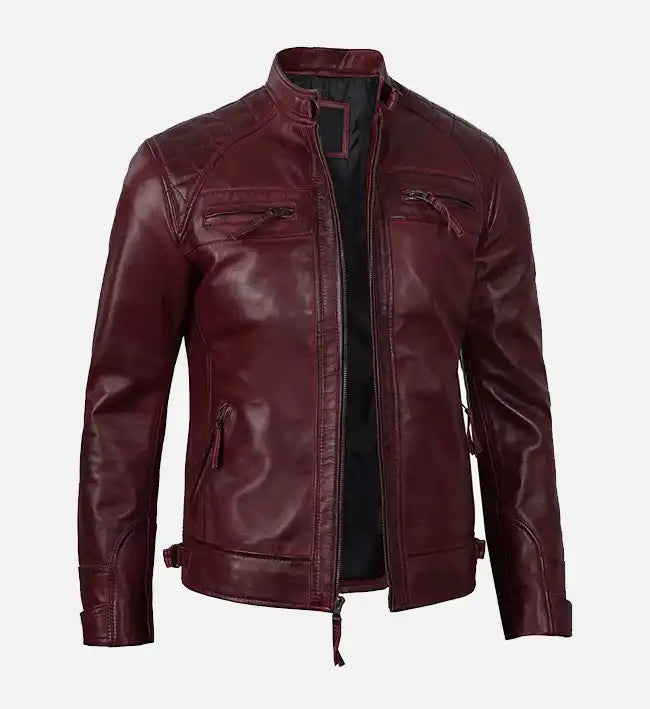 mens biker jacket maroon real leather