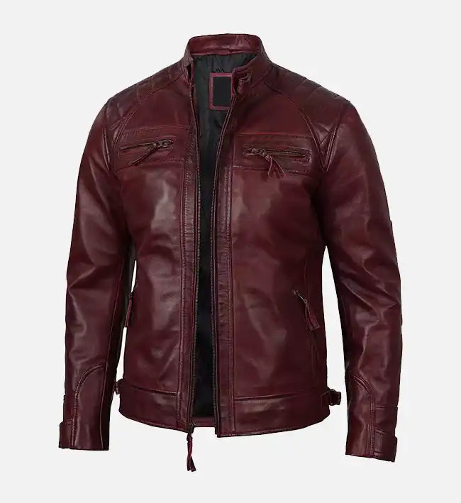 mens biker jacket maroon real leather