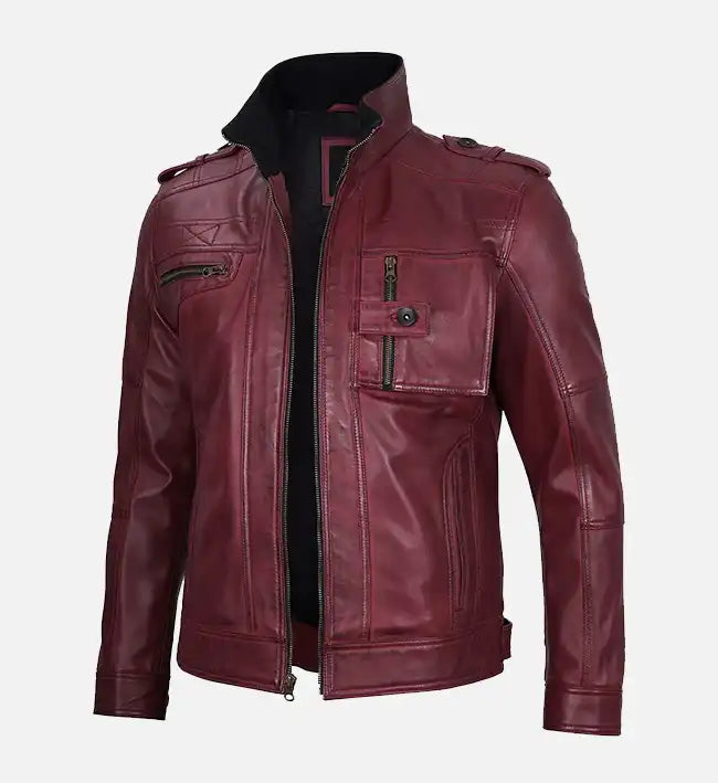 mens biker jacket maroon waxed leather