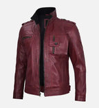 mens biker jacket maroon waxed leather