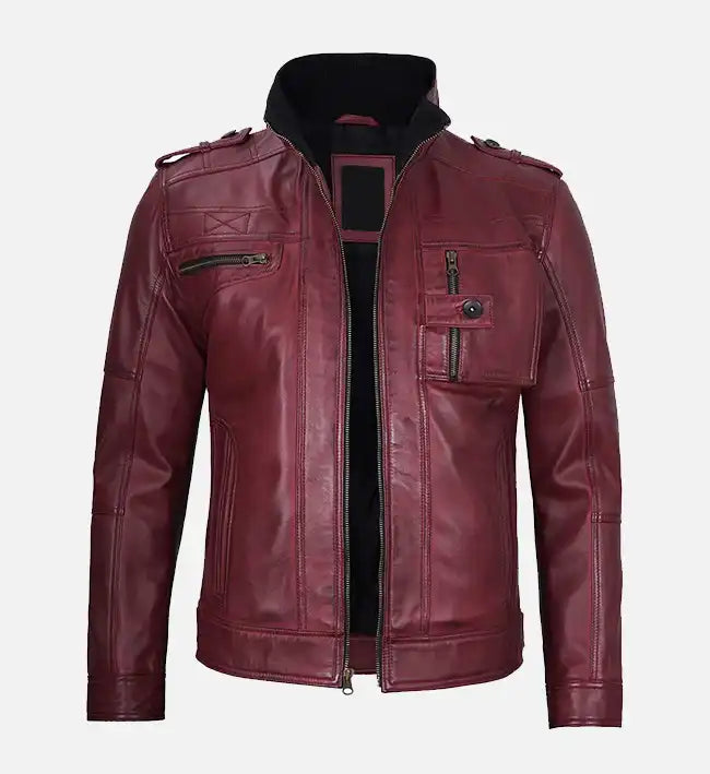 mens biker jacket maroon waxed leather