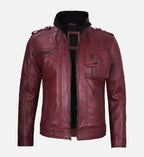 mens biker jacket maroon waxed leather