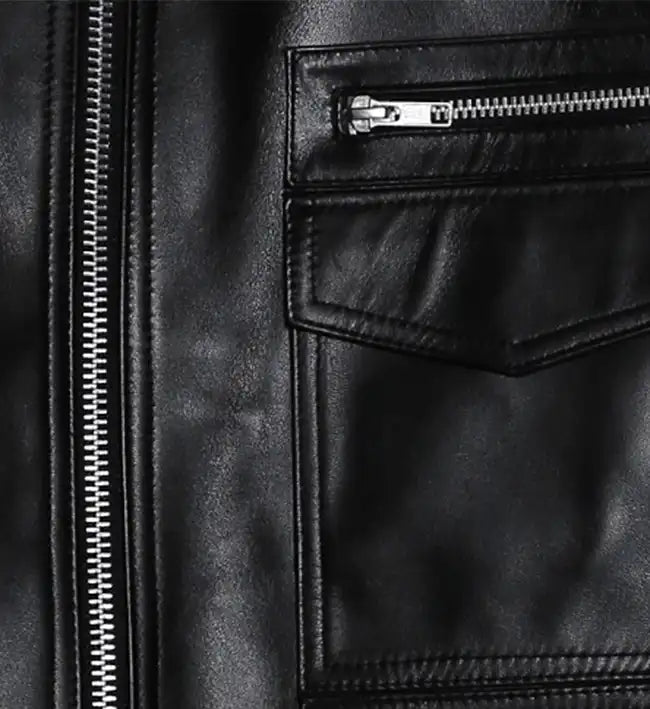 mens biker leather jacket with band collar
