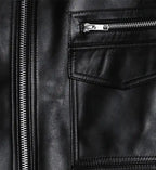 mens biker leather jacket with band collar

