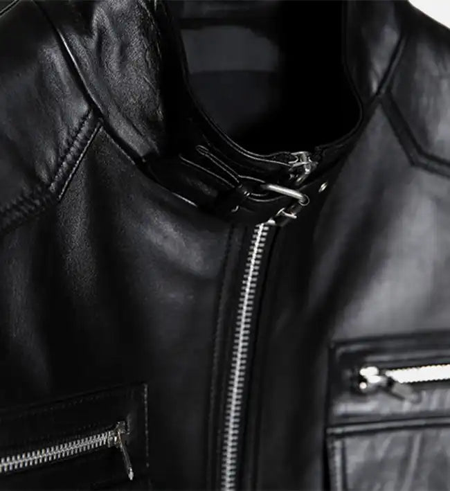 mens biker leather jacket with band collar
