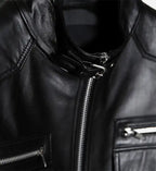 mens biker leather jacket with band collar
