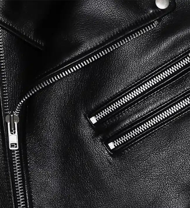 mens black biker jacket with double zipper
