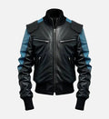 mens black blue bomber leather jacket