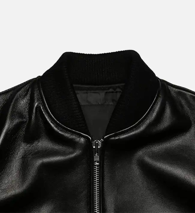 mens sheep skin black leather bomber jacket
