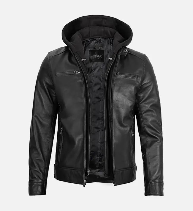 mens black leather jacket with detachable hood