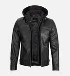 mens black leather jacket with detachable hood