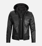mens black leather jacket with detachable hood