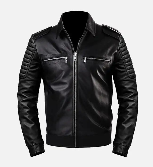 mens slimfit cafe racer style black leather jacket